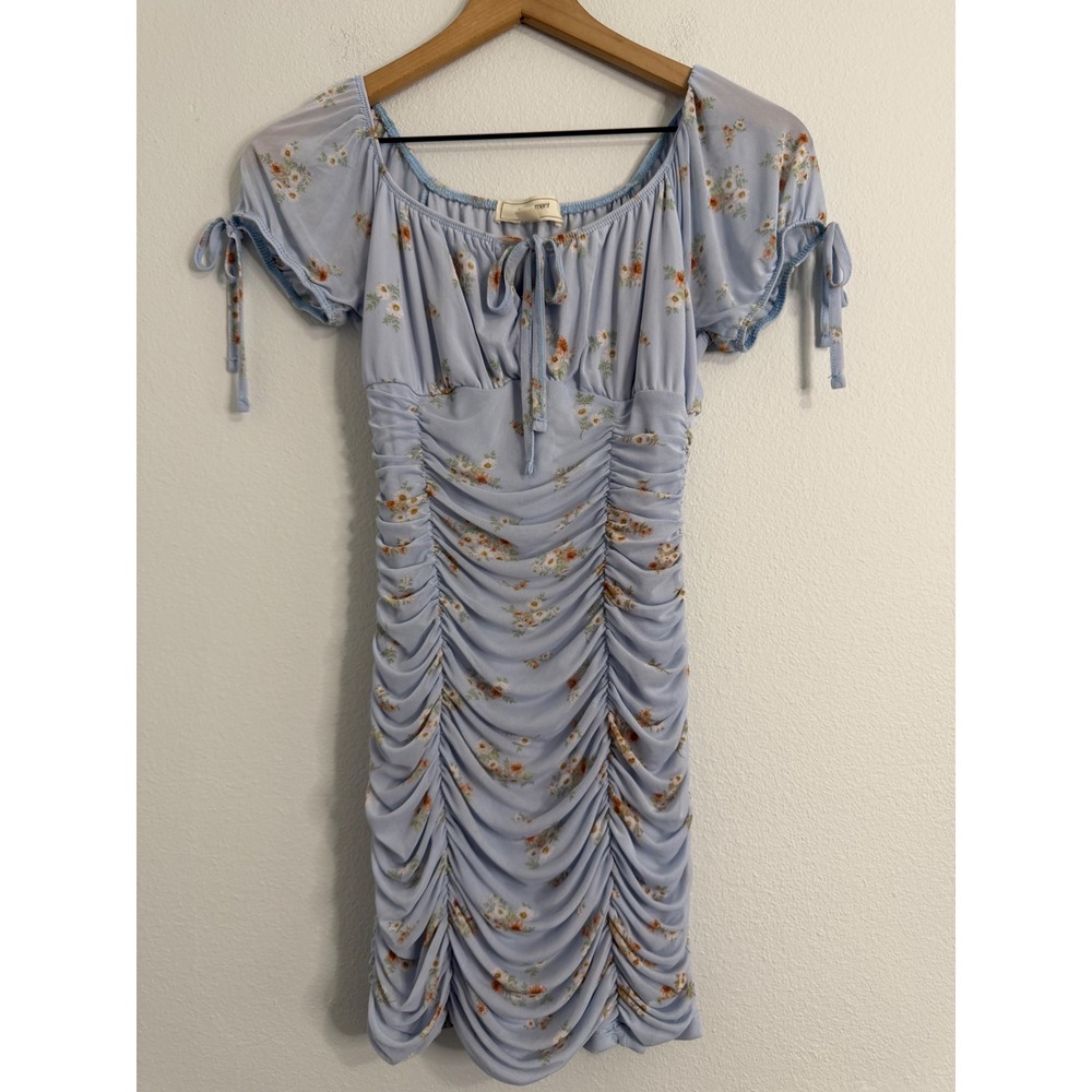 No Comment - Blue‎ Floral Ruched Mesh Detail Mini Dress Size Medium